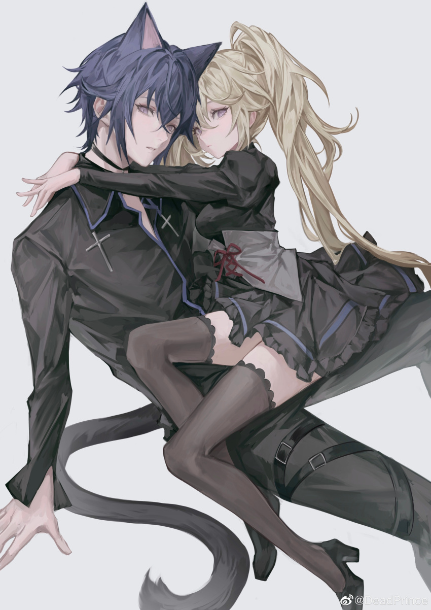 1boy 1girl absurdres animal_ears black_choker black_dress black_footwear black_pants black_shirt black_thighhighs blonde_hair breasts brother_and_sister cat_boy cat_ears cat_tail choker corset cross deadprince dress frilled_dress frilled_legwear frills full_body highres hoshina_utau hug juliet_sleeves latin_cross long_hair long_sleeves looking_at_viewer magical_boy medium_breasts pants parted_lips puffy_sleeves purple_eyes purple_hair shirt shugo_chara! siblings simple_background sitting sitting_on_person tail thigh_strap thighhighs tsukiyomi_ikuto twintails weibo_id weibo_logo white_background
