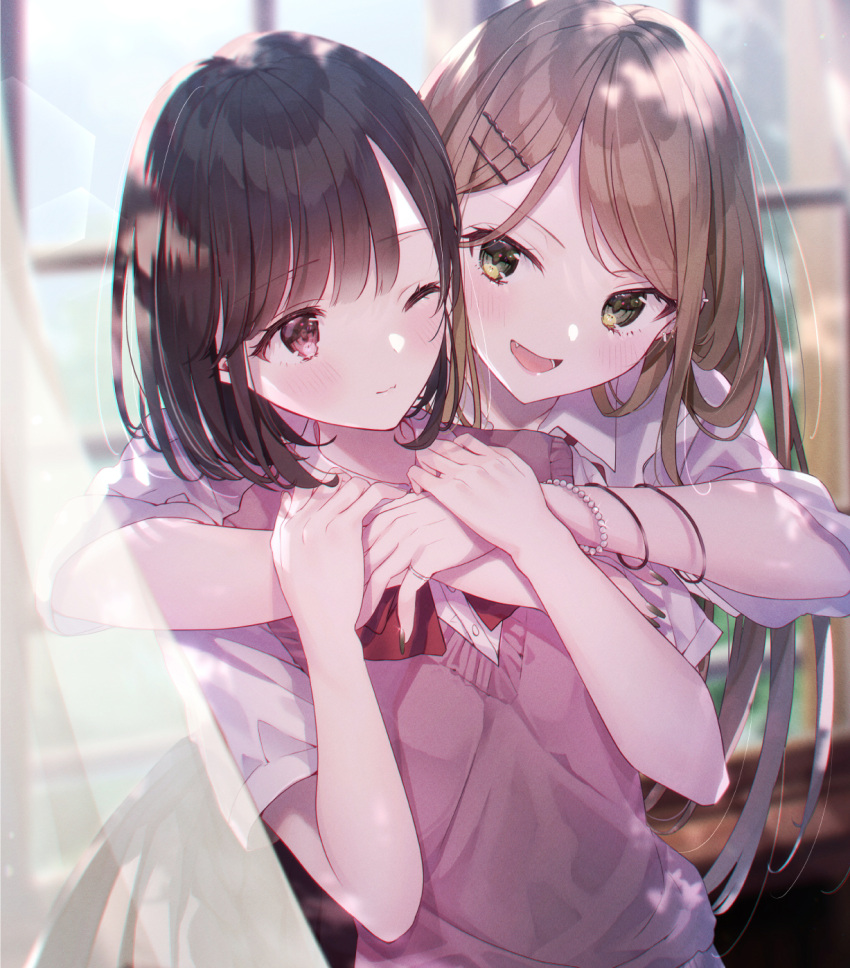 2girls :d blurry blurry_background bracelet brown_eyes brown_hair brown_vest curtains dengeki_moeou gyaru hair_ornament hairclip highres hug hug_from_behind indoors jewelry kappe_reeka kogal long_hair multiple_girls official_art one_eye_closed school_uniform shirt short_sleeves smile vest white_shirt window yuri