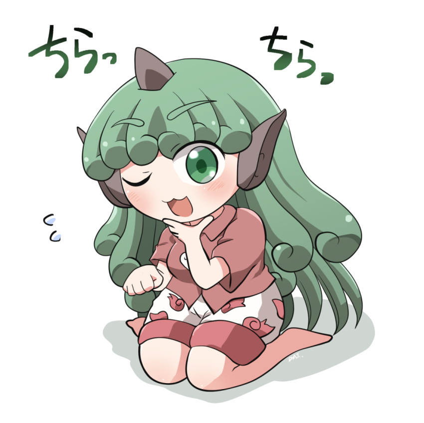 1girl barefoot blush cloud_print collared_shirt curly_hair flying_sweatdrops green_eyes green_hair horns kariyushi_shirt komano_aunn long_hair one_eye_closed open_mouth red_shirt rokugou_daisuke shirt short_sleeves shorts signature simple_background single_horn smile solo touhou white_background white_shorts