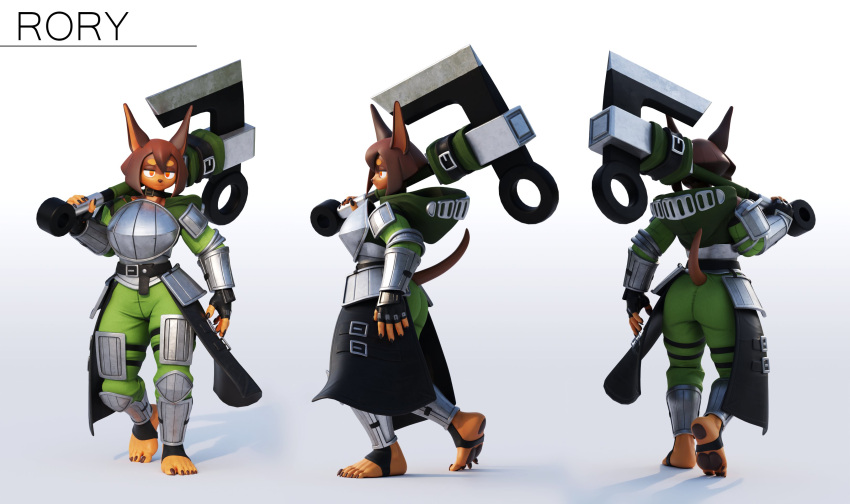 2022 3d_(artwork) 5_toes absurd_res anthro armor axe breastplate brown_body brown_fur brown_hair butt canid canine canis digital_media_(artwork) dobermann dog_knight_rpg domestic_dog feet female frihskie fur hair hi_res holding_axe holding_object holding_weapon humanoid_feet mammal melee_weapon model_sheet pawpads pinscher rory_(ceehaz) solo toes walking weapon