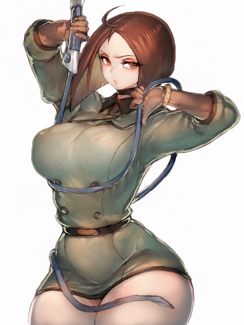 1girl ahoge belt breasts brown_eyes brown_gloves brown_hair curvy fumio_(rsqkr) gloves highres holding holding_weapon large_breasts lips medium_hair military military_uniform parted_lips simple_background the_king_of_fighters thick_thighs thighs uniform weapon whip whip_(kof) whip_sword white_background