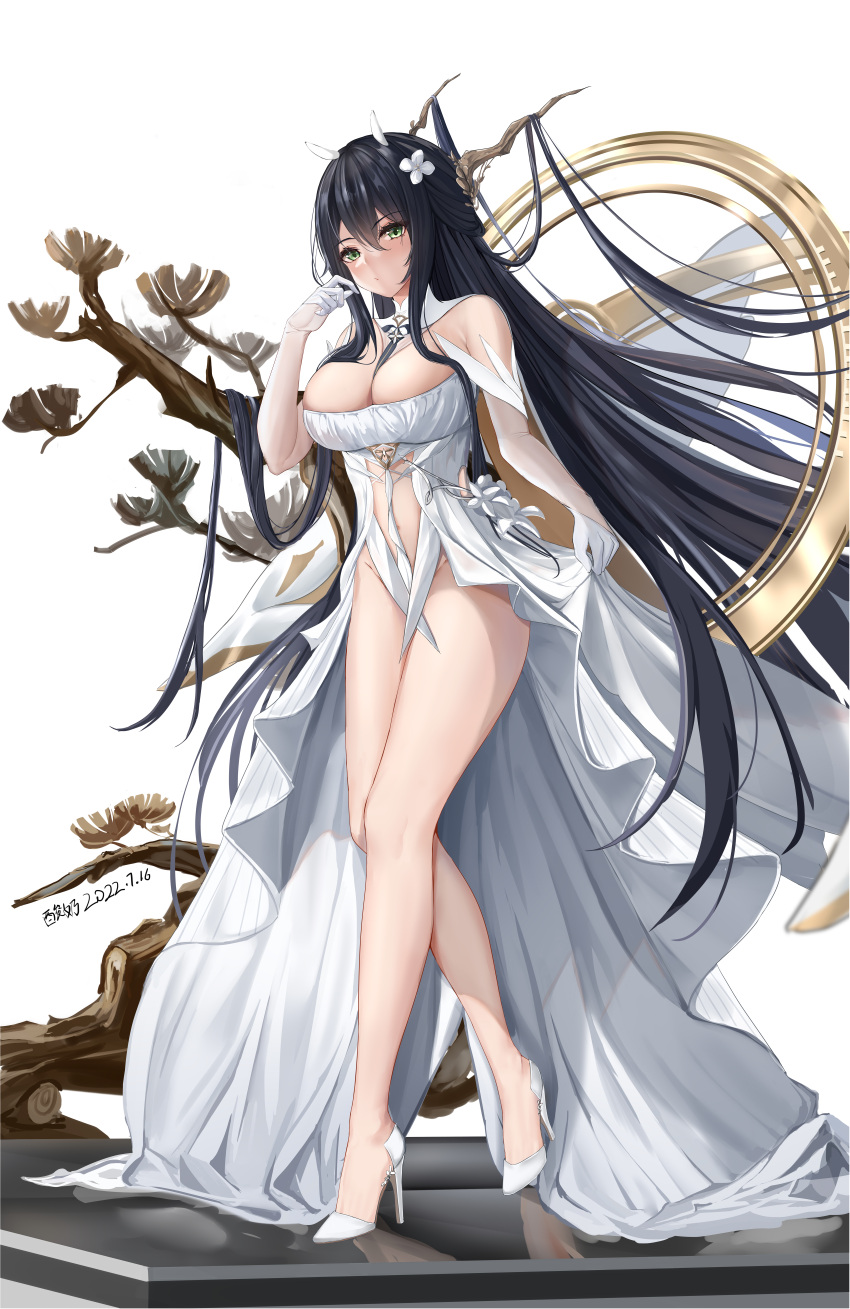 1girl absurdres antlers azur_lane bare_legs bare_shoulders black_hair breasts cleavage clothing_cutout dated detached_collar detached_sleeves dress flower full_body gloves green_eyes hair_between_eyes hair_flower hair_ornament hand_up high_heels highres huge_breasts indomitable_(azur_lane) kulayueyue large_breasts legs long_hair no_panties revealing_clothes skirt_hold solo tachi-e thighs very_long_hair white_dress white_footwear white_gloves