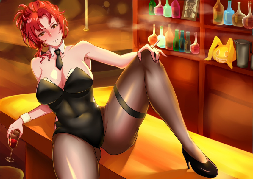 1girl :d alcohol bangs bberba_(ls5837907) black_footwear black_necktie blush breasts brown_pantyhose cabinet cigarette cleavage covered_navel cup grin high_heels highres holding holding_cigarette holding_cup honkai_(series) honkai_impact_3rd leotard mole mole_on_breast murata_himeko necktie pantyhose playboy_bunny red_hair sitting sitting_on_table smile smoke smoking solo strapless strapless_leotard table teeth wine yellow_eyes