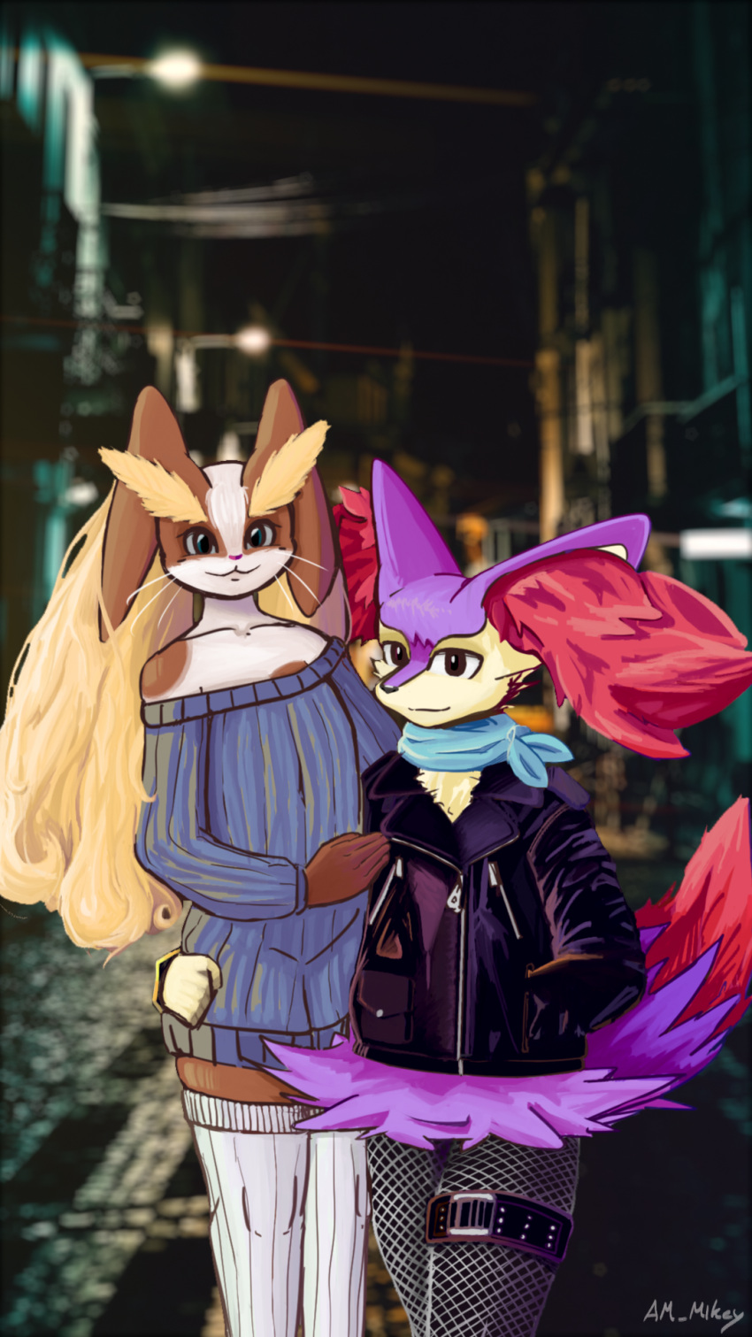 absolute_territory alternate_color am_mikey anthro blonde_hair blue_eyes blue_scarf bottomless braixen brown_eyes chest_tuft city city_background clothed clothing crossdressing curled_hair duo eyebrows fishnet fishnet_legwear fur girly grey_clothing hair happy hi_res holding_butt jacket leather leather_clothing leather_jacket leather_topwear legband legwear long_ears long_hair looking_at_viewer lopunny male male/male mottled multicolored_body multicolored_fur night nintendo photo_background pink_body pink_fur pok&eacute;mon pok&eacute;mon_(species) pok&eacute;morph punk purple_body purple_fur romantic romantic_couple scarf shiny_pok&eacute;mon shoulderless_sweater smile squish standing sweater sweater_dress thick_eyebrows thigh_highs thigh_squish topwear tuft video_games whiskers