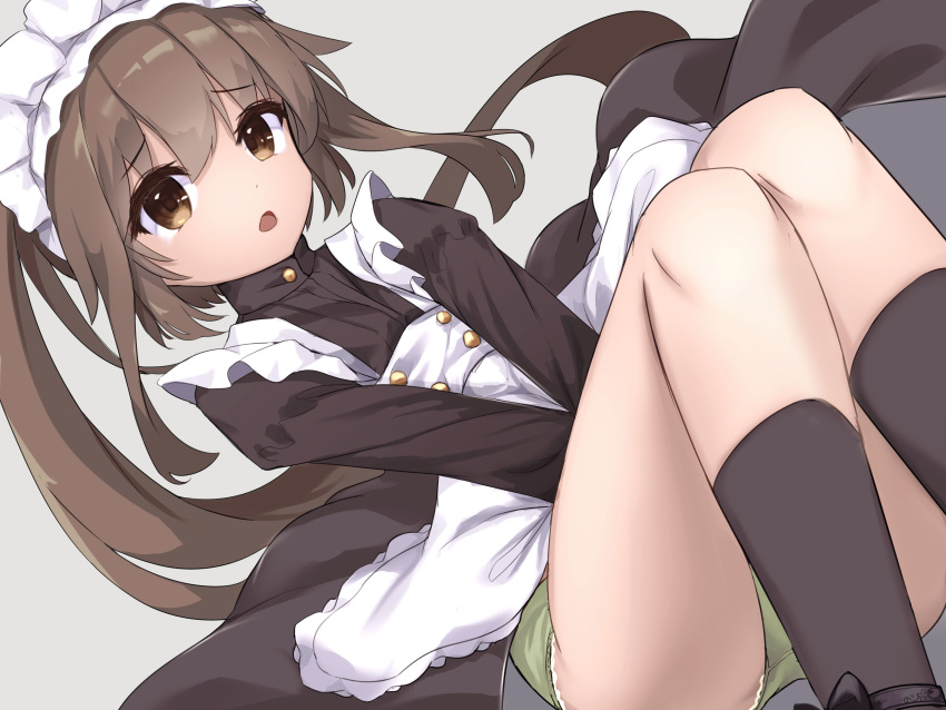 1girl absurdres alternate_costume apron black_dress brown_eyes brown_hair dress enmaided frilled_apron frills fumizuki_(kancolle) grey_panties highres kantai_collection logiclr long_hair looking_at_viewer maid maid_headdress open_mouth panties ponytail solo underwear v_arms white_apron