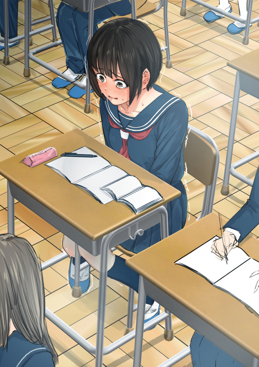 1girl bangs biting black_hair blue_footwear blue_sailor_collar blue_shirt blue_skirt blue_socks blunt_bangs blush book brown_eyes chair classroom collarbone commentary_request commission constricted_pupils day ear_blush embarrassed flat_chest have_to_pee highres indoors knees_together_feet_apart lip_biting long_sleeves miniskirt neckerchief nose_blush on_chair open_book original paper pen pencil_case people pleated_skirt red_neckerchief sailor_collar school_chair school_uniform serafuku shiny shiny_hair shirt shoes short_hair sidelocks sitting skeb_commission skirt socks solo_focus sweat tears textless_version trembling unncow wide-eyed wooden_floor