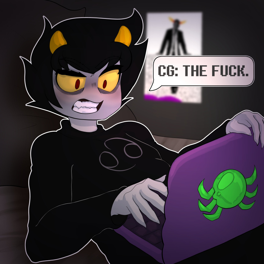 2022 5_fingers absurd_res alien bed computer darkynsfw english_text fingers furniture hi_res homestuck karkat_vantas laptop lying male ms_paint_adventures on_back profanity red_eyes teeth text troll_(homestuck) webcomic yellow_sclera