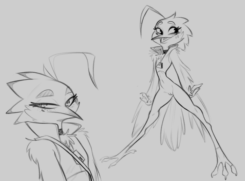 anthro avian beak bird blush bottomless clothed clothing eyelashes feather_tuft feathers female flat_chested freckles genitals lenyavok lyra_(w4g4) nude potoo pussy simple_background solo tail_feathers talons tuft winged_arms wings