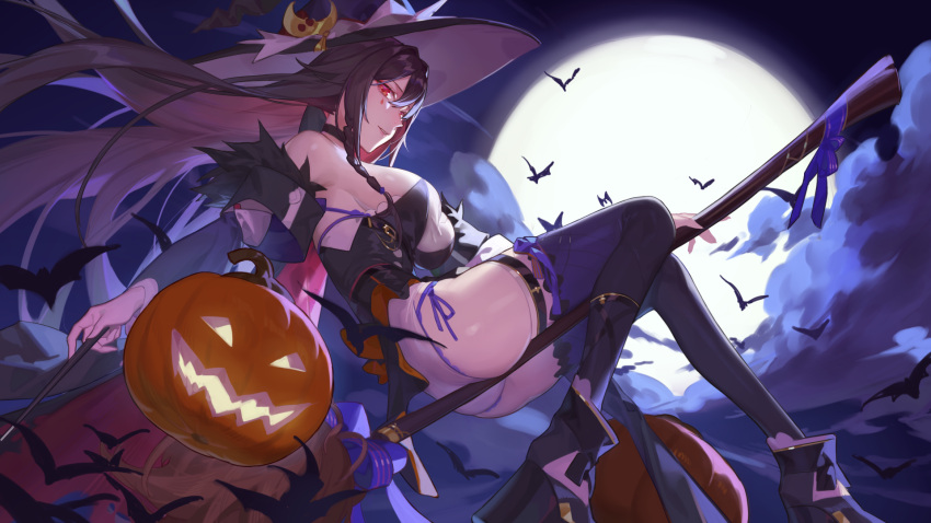 1girl ass bangs bat_(animal) breasts broom brown_hair cloud flying full_moon halloween hat high_heels highres holding holding_wand indie_virtual_youtuber iris_annabell jack-o'-lantern large_breasts long_hair moon night night_sky panties red_cucumber red_eyes side-tie_panties sideboob sidelocks sky solo teardrop_tattoo underwear virtual_youtuber wand witch witch_hat