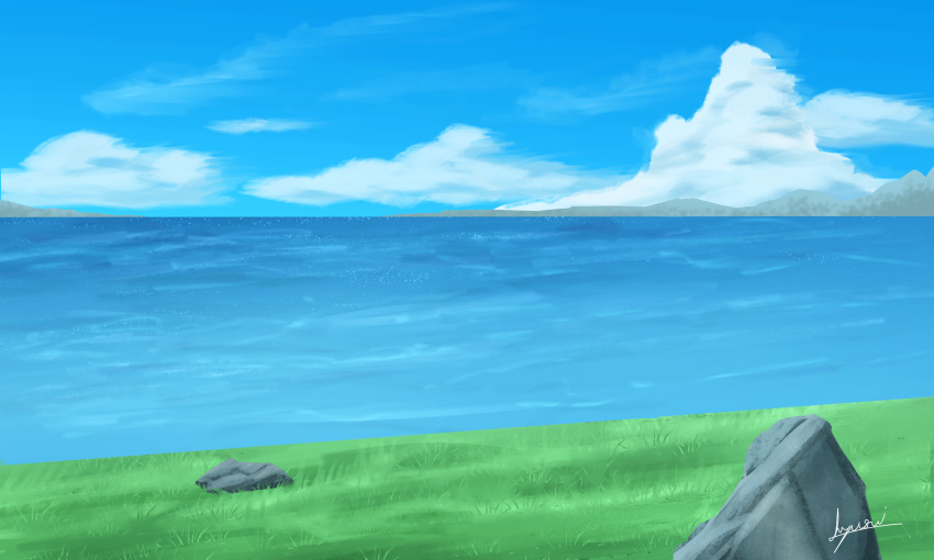 absurdres artist_name cloud cloudy_sky day grass grasslands h_yuusui highres mountain mountainous_horizon nature no_humans ocean original outdoors rock scenery signature sky sparkle water