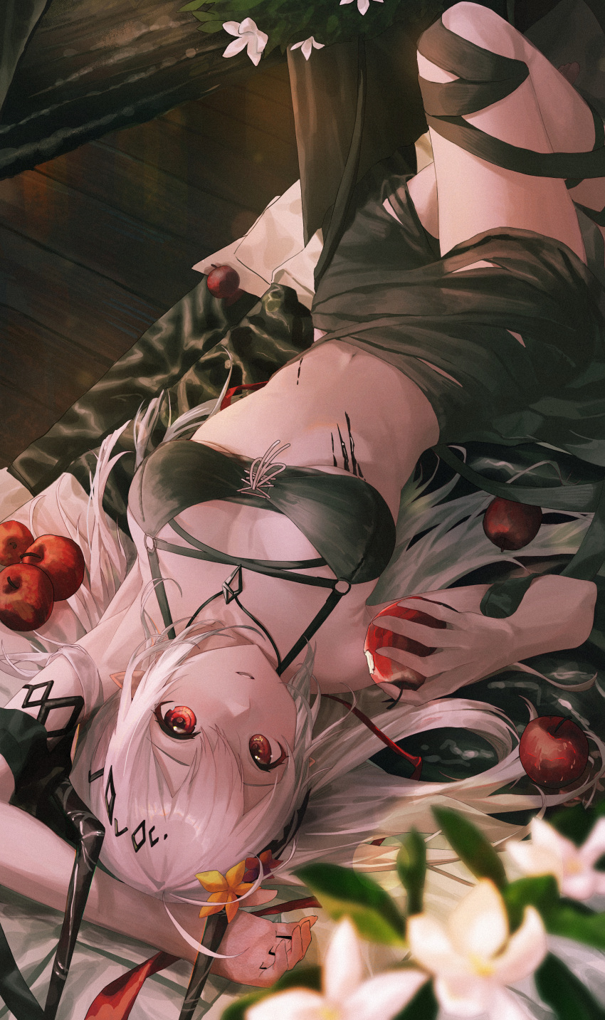 1girl absurdres apple arknights bikini black_bikini breasts feet_out_of_frame flower food fruit hair_flower hair_ornament highres holding holding_food holding_fruit horns jewelry long_hair lying monge_baby mudrock_(arknights) mudrock_(silent_night)_(arknights) necklace official_alternate_costume oripathy_lesion_(arknights) parted_lips red_eyes sarong solo swimsuit white_hair