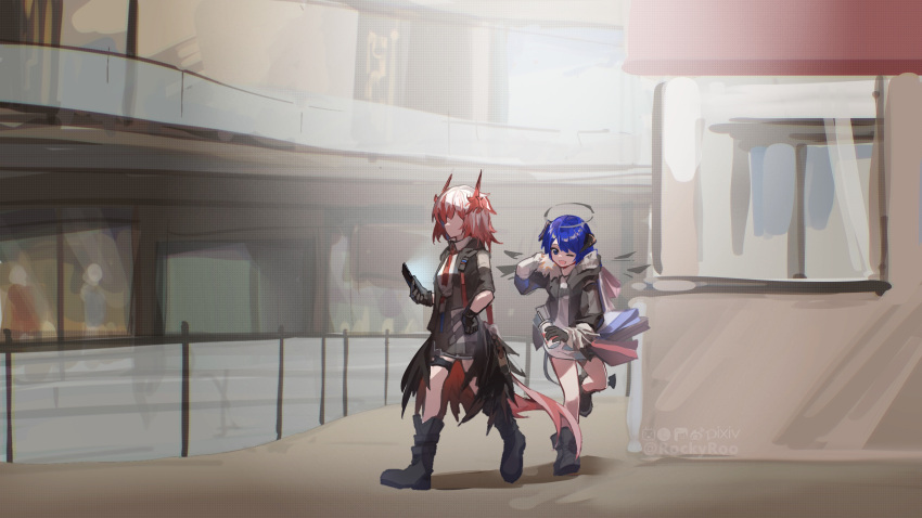 2girls ;d absurdres animal_ears arknights artist_name bag bird_ears bird_tail black_footwear black_gloves black_jacket blue_hair boots cellphone chinese_commentary collared_shirt commentary cup dark_halo demon_horns detached_wings disposable_cup faceless faceless_female feathers fiammetta_(arknights) gloves halo hand_on_hip highres holding holding_cup holding_phone horns indoors jacket mall medium_hair mostima_(arknights) multiple_girls necktie one_eye_closed open_clothes open_jacket open_mouth phone railing red_hair red_necktie rockyroo shirt shopping shopping_bag smile tail white_shirt window wings