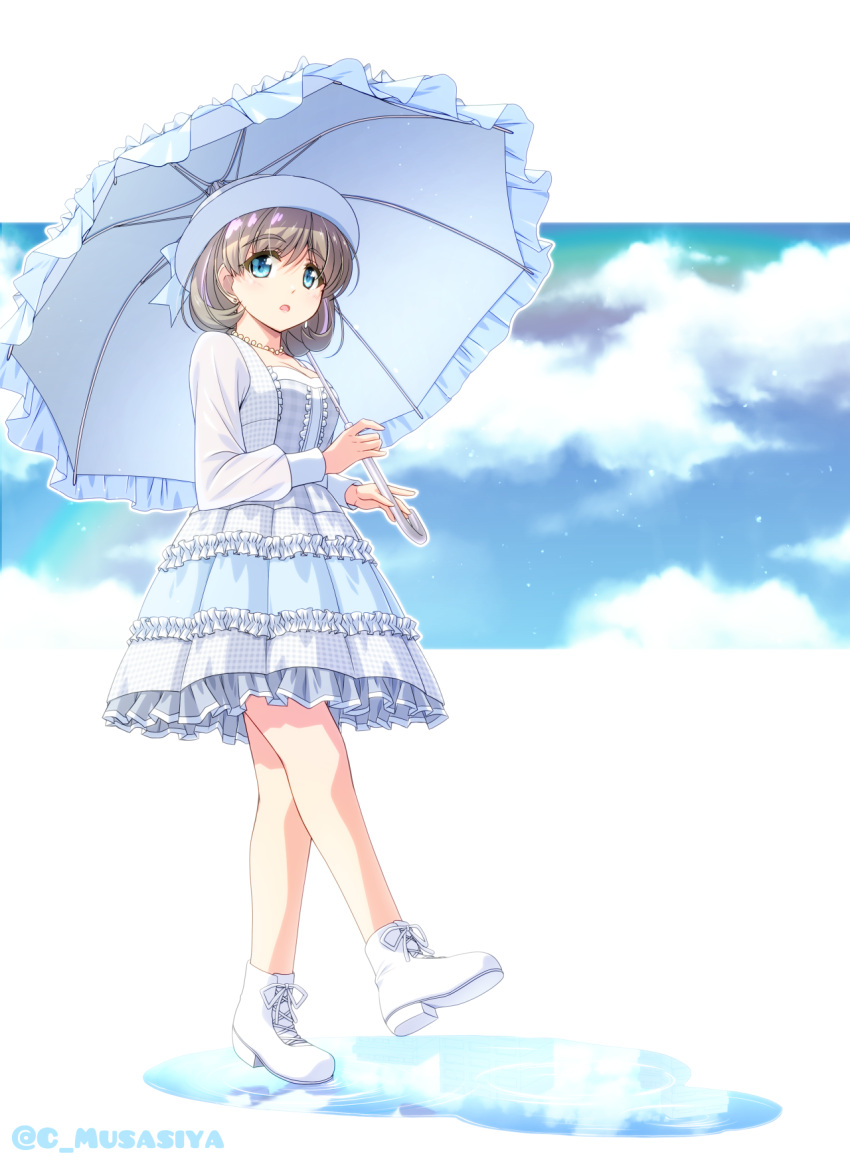 1girl ankle_boots blue_eyes boots checkered_clothes checkered_dress cloud commentary_request curly_hair dress earrings frilled_dress frills highres holding holding_umbrella jewelry light_brown_hair long_sleeves looking_at_viewer love_live! love_live!_superstar!! musashiya_chougenbou necklace open_mouth pearl_necklace short_hair solo stud_earrings tang_keke umbrella walking white_dress white_footwear