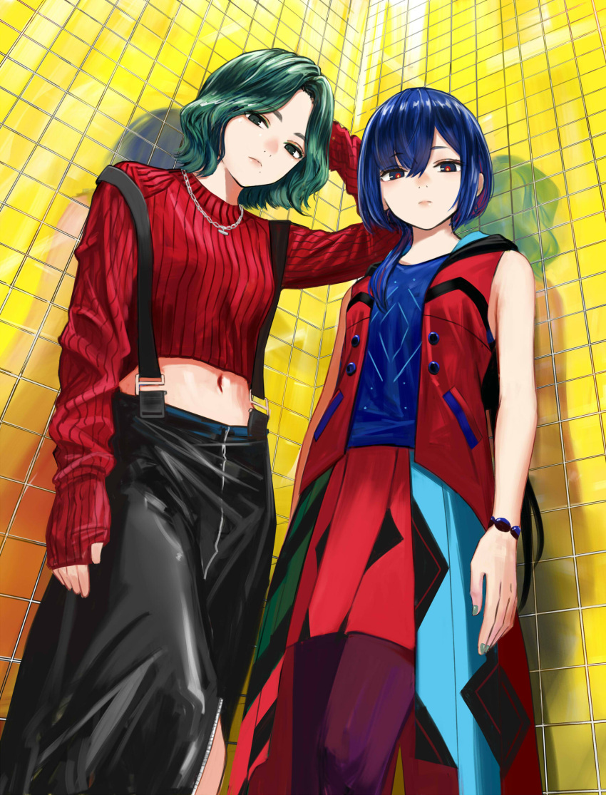 2girls arm_at_side arm_behind_head arms_at_sides asymmetrical_clothes bangs bare_shoulders black_eyes black_skirt blue_shirt bob_cut closed_mouth corner english_commentary feet_out_of_frame fingerless_gloves from_below gloves green_hair green_nails hair_between_eyes hand_up highres hood hooded_vest hoodie isshiki_(ffmania7) jewelry kamitsubaki_studio leather_skirt looking_at_viewer midriff miniskirt mixed-language_commentary mole mole_above_mouth mole_under_mouth multicolored_hair multiple_girls nail_polish navel necklace pantyhose pleated_skirt purple_pantyhose red_hair red_pupils red_skirt red_sweater red_vest reflection rim_(kamitsubaki_studio) shirt short_hair side-by-side skirt sleeveless sleeves_past_wrists standing streaked_hair suspender_skirt suspenders sweater te'resa tile_wall tiles vest virtual_youtuber wavy_hair