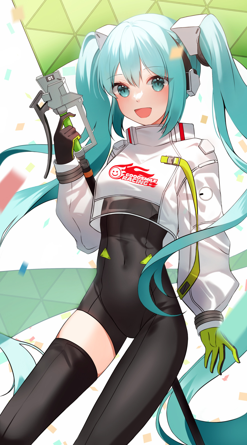 1girl absurdly_long_hair absurdres aqua_eyes aqua_hair asymmetrical_bodysuit black_bodysuit black_gloves bodysuit boots breasts confetti covered_navel cowboy_shot crop_top crop_top_overhang cropped_jacket flag flagpole flame_print gloves goodsmile_racing green_gloves hair_between_eyes hatsune_miku highres holding holding_flag holding_pole jacket long_hair long_sleeves looking_at_viewer open_mouth pole race_queen racing_miku racing_miku_(2022) simple_background single_thigh_boot single_thighhigh smile smiley_face solo syuma thigh_boots thighhighs twintails two-tone_gloves very_long_hair vocaloid wavy_hair white_background white_jacket