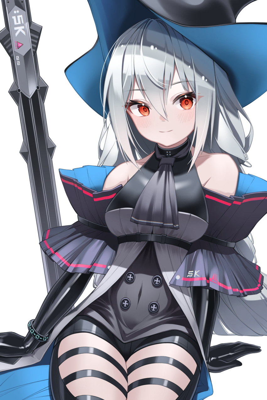 1girl absurdres arknights ascot bare_shoulders black_gloves black_headwear black_pants blush bracelet breasts closed_mouth clothing_cutout covered_navel detached_sleeves elbow_gloves gloves grey_ascot grey_hair highres infection_monitor_(arknights) jewelry large_breasts long_hair looking_at_viewer pants planted planted_sword red_eyes short_sleeves simple_background sitting skadi_(arknights) smile solo sword thigh_cutout underbust very_long_hair weapon white_background zhengqi_zhizi_sg