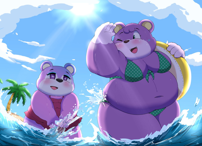 2022 animal_crossing anthro beach belly big_belly breasts clothing cloud detailed_background duo female hi_res judy_(animal_crossing) kusosensei mammal megan_(animal_crossing) navel nintendo one_eye_closed outside overweight palm_tree pink_body plant seaside sun swimwear tree ursid video_games water