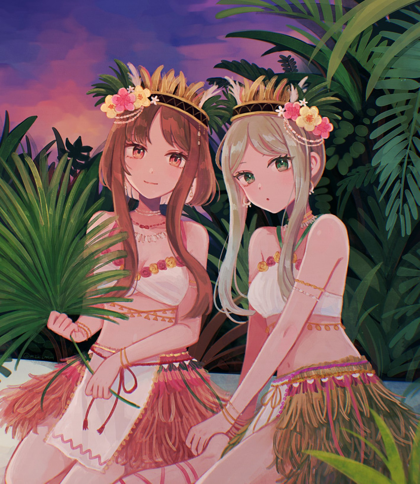 2girls alternate_costume bracelet brown_hair coconut earrings fireworks flower grass green_eyes hair_ornament highres jewelry jungle leaf looking_at_viewer mozukuzu_(manukedori) multiple_girls nature nishida_satono palm_leaf palm_tree plant potted_plant teireida_mai touhou tree wheat