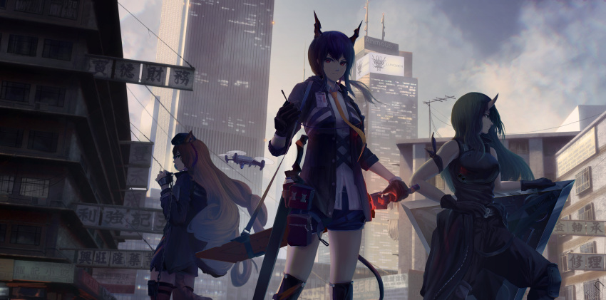 3girls absurdres animal_ears arknights armband billboard black_gloves black_jacket black_pants black_shirt blue_hair blue_shorts building ch'en_(arknights) chain chest_armor chinese_commentary cityscape clothes_around_waist cloud collared_shirt commentary dragon_horns drone earphones eternaero fingerless_gloves frown gloves glowing green_eyes green_hair hand_on_hilt hand_on_hip hand_on_shield highres holding holding_walkie-talkie holding_weapon horns hoshiguma_(arknights) id_card jacket jacket_around_waist long_hair looking_afar looking_at_viewer making-of_available multiple_girls necktie oni_horns open_clothes open_jacket orange_hair outdoors pants parted_lips red_eyes shield shirt shorts sidelocks sideways_glance single_horn sky skyscraper sleeveless sleeveless_shirt swire_(arknights) sword tail tiger_ears tiger_tail translation_request weapon white_shirt window yellow_necktie