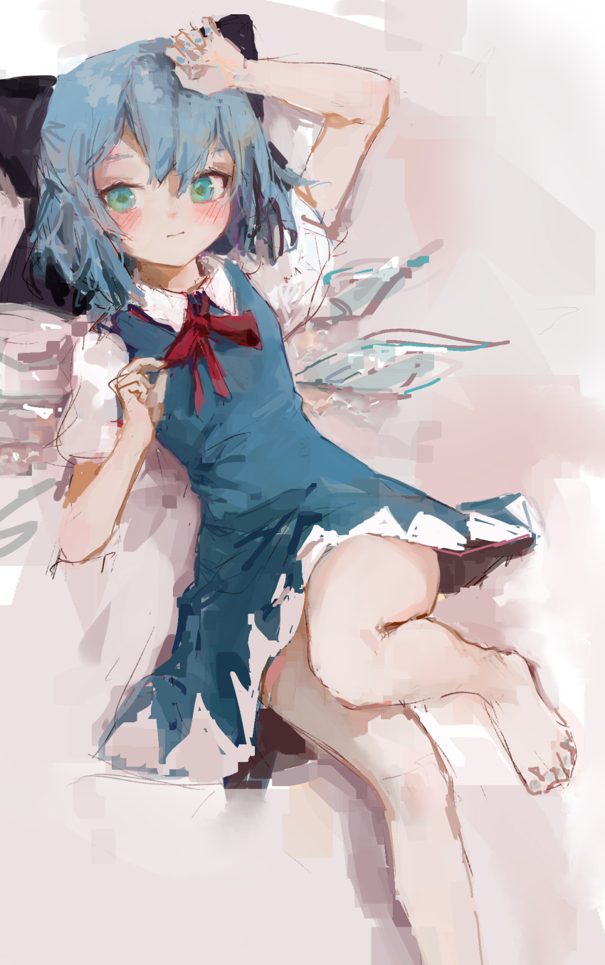 1girl 3: aqua_eyes arm_over_head arm_rest arm_up bangs bare_legs barefoot black_bow blue_dress blue_hair blue_nails blush bow cirno closed_mouth dot_nose dress dutch_angle english_commentary foot_out_of_frame from_above green_pupils grey_background hair_between_eyes hair_bow half_updo hand_on_own_head hand_up highres ice ice_wings knee_up large_bow looking_at_viewer looking_to_the_side lying nail_polish neck_ribbon on_back pinafore_dress puffy_short_sleeves puffy_sleeves red_ribbon reddizen ribbon short_dress short_hair short_sleeves shy solo swept_bangs toenail_polish toenails touhou untying wing_collar wings