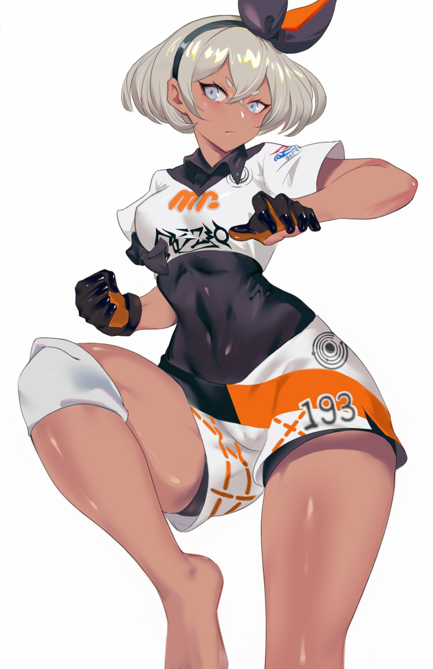 1girl abs absurdres bangs bea_(pokemon) black_bodysuit black_gloves black_hairband blue_eyes bodysuit bodysuit_under_clothes bow_hairband breasts chong_(547342983) clenched_hand closed_mouth collared_shirt covered_navel cowboy_shot dark-skinned_female dark_skin fighting_stance foot_out_of_frame gloves grey_hair hair_between_eyes hair_ornament hairband highres leg_up medium_breasts pants pokemon pokemon_(game) pokemon_swsh print_shirt print_shorts shirt short_shorts short_sleeves shorts side_slit side_slit_shorts standing standing_on_one_leg stomach white_background