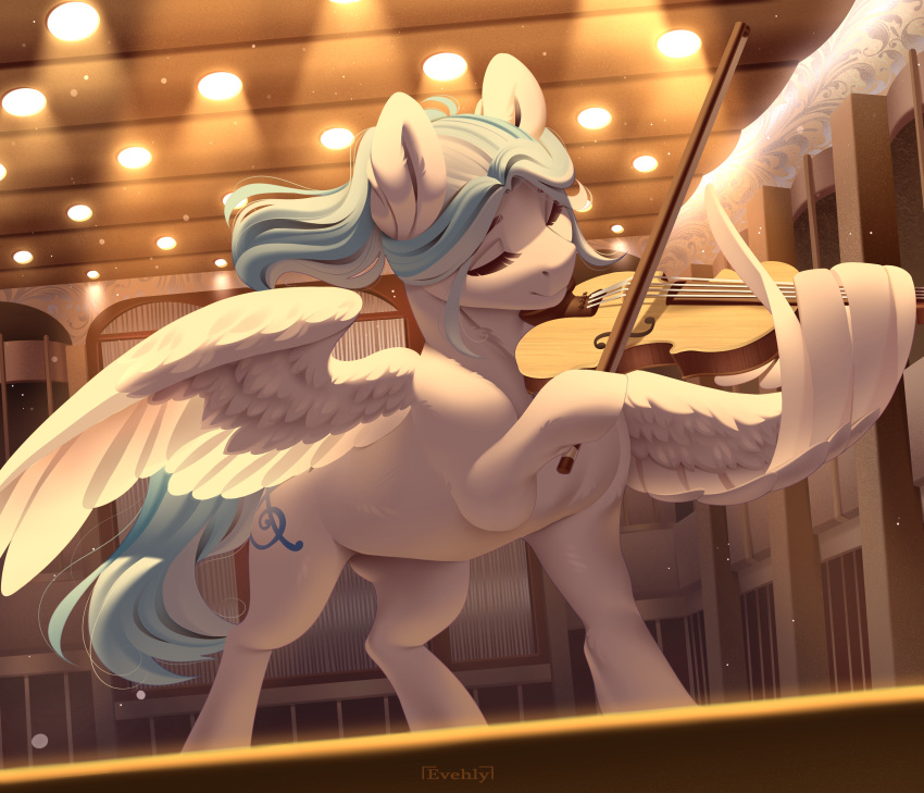 absurd_res bowed_string_instrument equid equine evehly eyelashes eyes_closed fan_character female feral friendship_is_magic fur hasbro hi_res lesa_castle mammal musical_instrument my_little_pony pegasus solo spread_wings stage string_instrument violin violin_bow white_body white_fur wings