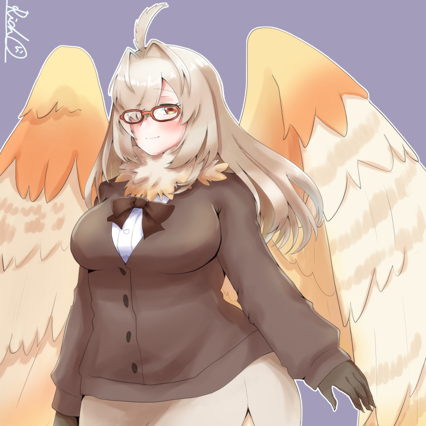 1girl ahoge animal_hands artist_name bangs blush bow breasts brown_hair commentary_request feathered_wings feathers glasses hair_intakes hair_over_one_eye harpy highres large_breasts linea_alba long_hair monster_girl neck_ruff one_eye_covered purple_background red-framed_eyewear rich940528 simple_background solo tokyo_afterschool_summoners white_feathers wide_hips wings ziz_(housamo)