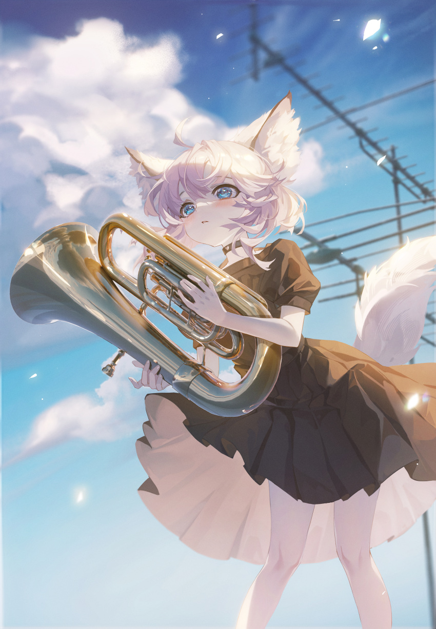 1girl absurdres ahoge ambience_synesthesia animal_ear_fluff animal_ears arknights black_choker black_dress blue_eyes blush choker cloud commentary day dress feet_out_of_frame fingernails floating_hair fox_ears fox_tail heart heart_choker highres holding holding_instrument instrument looking_afar parted_lips pink_hair short_hair sky solo sussurro_(arknights) tail tuba tuzhate utility_pole