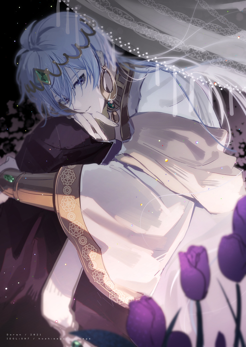 1boy absurdres alternate_hairstyle bead_curtain bishounen blurry circlet curtains depth_of_field doran7280 earrings flower head_chain highres idolish_7 jewelry long_sleeves looking_at_viewer male_focus osaka_sougo purple_eyes purple_flower solo white_hair wide_sleeves