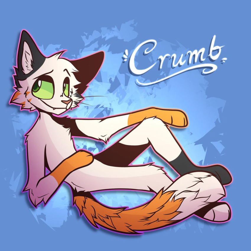 ambiguous_gender anthro arctica_the_fox black_body black_fur blue_background colored crumb_(cuptoast) domestic_cat felid feline felis female_(lore) fur gloves_(marking) green_eyes leg_markings long_tail looking_at_viewer mammal markings name orange_body orange_fur simple_background smile socks_(marking) solo streamer whiskers white_body white_fur youtuber