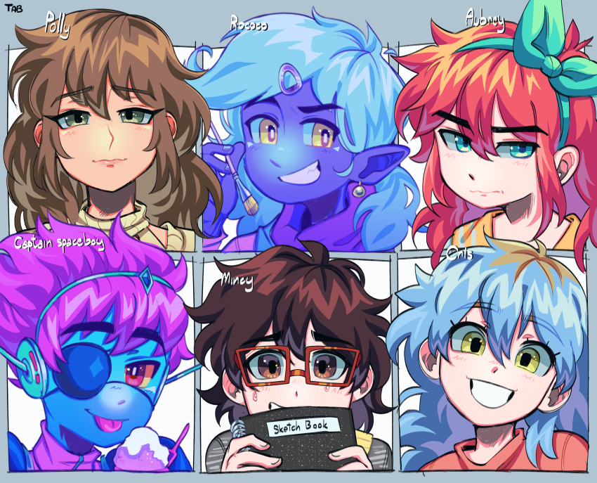 2boys 4girls absurdres aubrey_(omori) blue_hair blue_skin blush brown_eyes brown_hair captain_spaceboy character_name closed_mouth colored_sclera colored_skin cris_(omori) earrings eyepatch glasses green_eyes grin hairband highres jewelry lips long_hair looking_at_viewer medium_hair mincy_(omori) multiple_boys multiple_girls omori parted_lips pink_hair pointy_ears polly_(omori) purple_hair purple_skin rectangular_eyewear red-framed_eyewear red_eyes remi_(mozzaremi) rococo_(omori) short_hair smile sweat teeth tongue tongue_out yellow_eyes yellow_sclera