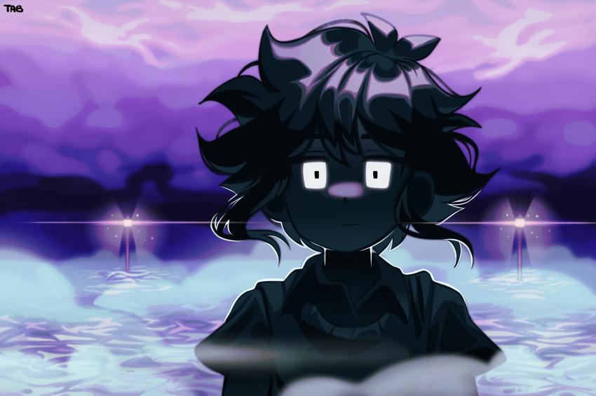 1boy absurdres black_hair closed_mouth expressionless fog glowing glowing_eyes highres lamppost looking_at_viewer omori remi_(mozzaremi) short_hair solo spoilers stranger_(omori) upper_body water white_eyes