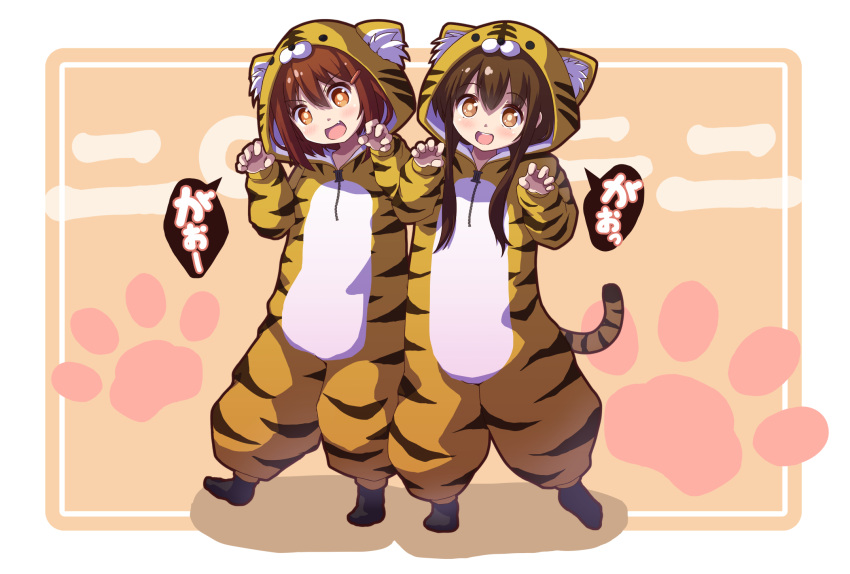 2girls alternate_costume animal_print brown_eyes brown_hair chinese_zodiac fang hair_ornament hairclip highres hood hood_up hooded_pajamas ikazuchi_(kancolle) inazuma_(kancolle) kantai_collection multiple_girls open_mouth pajamas print_pajamas sidelocks speech_bubble tiger_print tonky year_of_the_tiger