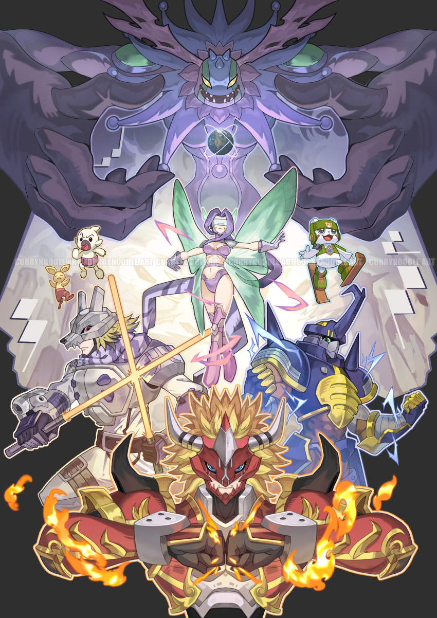 1girl 4boys :d absurdres agnimon armor bangs bikini black_background black_gloves black_skin boots breasts character_request clenched_hand closed_mouth colored_skin digimon digimon_(creature) digimon_frontier electricity fairy_wings fairymon fire gloves green_footwear green_headwear helmet highres holding holding_weapon horns large_breasts long_hair looking_at_viewer magic multiple_boys navel open_mouth outline pink_footwear purple_hair single_horn smile swimsuit thigh_boots watermark weapon white_skin wings wolfmon yeo_yee_heng