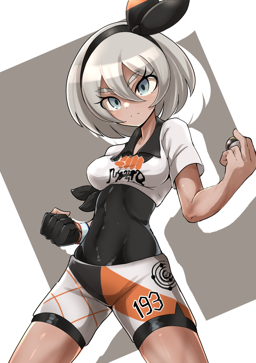 1girl bangs bea_(pokemon) black_bodysuit black_hairband bodysuit bodysuit_under_clothes bow_hairband breasts clenched_hand closed_mouth collared_shirt commentary cowboy_shot dynamax_band frown gloves grey_hair hair_between_eyes hairband highres holding holding_poke_ball kumasan_(kumazonjp) legs_apart partially_fingerless_gloves poke_ball pokemon pokemon_(game) pokemon_swsh print_shirt print_shorts shirt short_sleeves shorts side_slit side_slit_shorts single_glove solo split_mouth ultra_ball