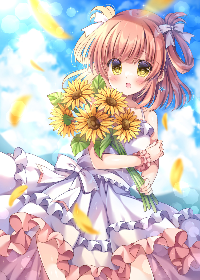 1girl :d bangs bare_legs bare_shoulders blue_sky blurry blurry_background blush bouquet bow breasts brown_hair cloud commission depth_of_field dress flower frilled_dress frills hair_bow hair_rings highres kouta. looking_at_viewer object_hug original petals pink_scrunchie scrunchie skeb_commission sky sleeveless sleeveless_dress small_breasts smile solo sunflower white_bow wrist_scrunchie yellow_eyes yellow_flower