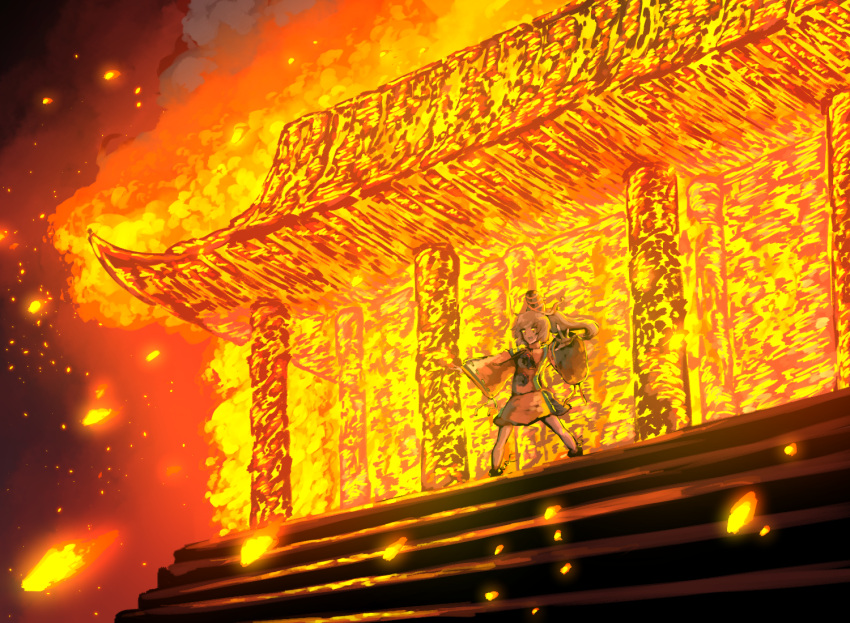 1girl burning fire hat hat_ribbon japanese_clothes long_hair long_sleeves mononobe_no_futo pom_pom_(clothes) ponytail ribbon ribbon-trimmed_sleeves ribbon_trim smoke stairs sunnysideup temple touhou