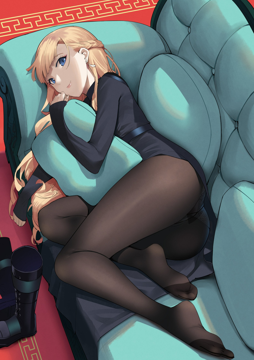 1girl absurdres bangs black_footwear black_pantyhose black_shirt blonde_hair blue_eyes boots boots_removed braid carpet couch earrings feet highres holding holding_pillow indoors jewelry long_hair looking_at_viewer lying no_shoes object_hug on_side pantyhose pillow pillow_hug shirt smile thighs toes very_long_sleeves yonoki