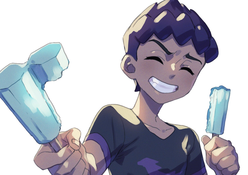 1boy black_shirt closed_eyes collarbone dark-skinned_male dark_skin food grin highres holding hop_(pokemon) komame_(st_beans) male_focus pokemon pokemon_(game) pokemon_swsh popsicle purple_hair shirt short_hair simple_background smile solo t-shirt teeth upper_body white_background