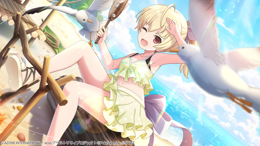 1girl ;o ahoge andou_tazusa animal ankle_lace-up arm_up armpits artist_request assault_lily attack back_bow bangs bare_arms bare_shoulders beach bikini bikini_skirt bird blonde_hair blue_sky blurry blurry_foreground bow breasts cloud collarbone day dutch_angle fang fire fish floral_print flower food foot_out_of_frame frilled_bikini frills hair_between_eyes hair_bow hand_up highres holding holding_food horizon leaf leg_up lens_flare light_particles log looking_at_animal medium_hair navel ocean official_alternate_costume official_art one_eye_closed open_mouth outdoors palm_tree ponytail print_bikini raised_eyebrows red_eyes rock rope rotisserie sandals seagull seashell shell shiny shiny_hair shoe_flower shoe_soles sitting skewer sky small_breasts solo stomach sunlight sweatdrop swimsuit tree watermark webp-to-png_conversion white_bow white_flower white_footwear yellow_bikini