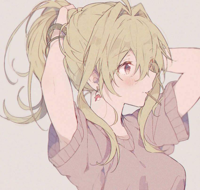 1girl blonde_hair blush earrings film_grain highres idolish_7 jewelry medium_hair profile red_eyes sidelocks smile solo sweater takanashi_tsumugi upper_body yoshioi7