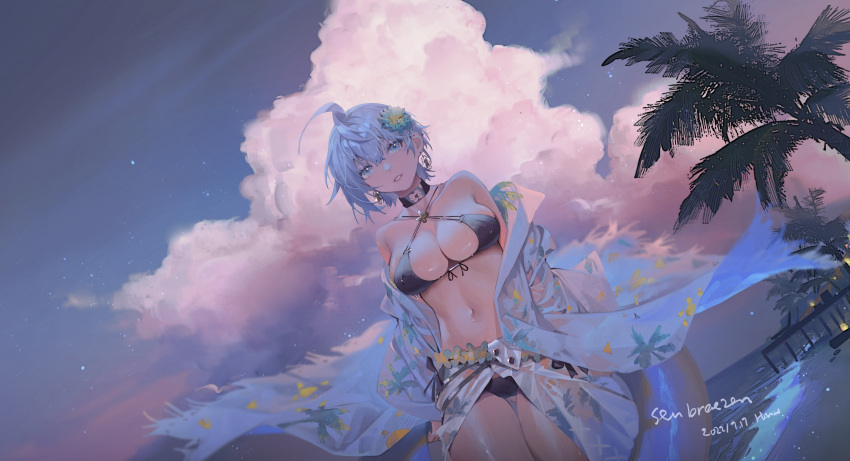 1girl absurdres ahoge ass_visible_through_thighs bangs bikini black_bikini black_choker blue_eyes blue_flower blue_hair breasts choker cloud cowboy_shot dated dutch_angle earrings flower hair_between_eyes hair_flower hair_ornament highres jewelry koi_han large_breasts looking_at_viewer navel off_shoulder open_clothes open_shirt original outdoors palm_tree parted_lips sarong short_hair solo standing stomach swimsuit thigh_gap tree