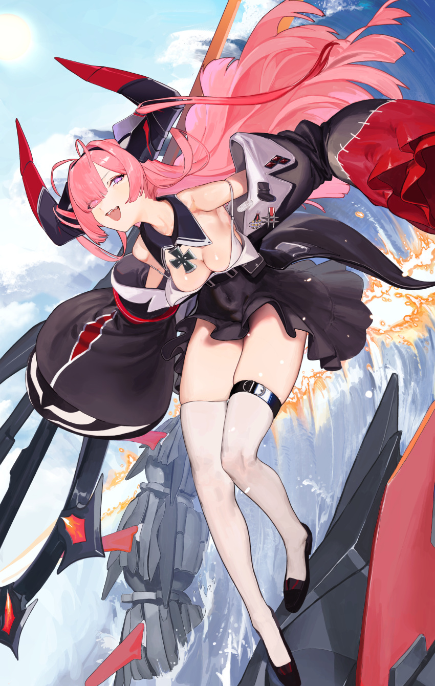 absurdres ahoge antenna_hair azur_lane belt black_dress breasts cleavage cross detached_collar dress hair_over_one_eye highres horns iron_cross machinery non-humanoid_robot oversized_object pink_hair prinz_rupprecht_(azur_lane) purple_eyes robot scissors sleeves_past_fingers sleeves_past_wrists strap_slip thigh_belt thigh_strap thighhighs waterswing waves white_thighhighs
