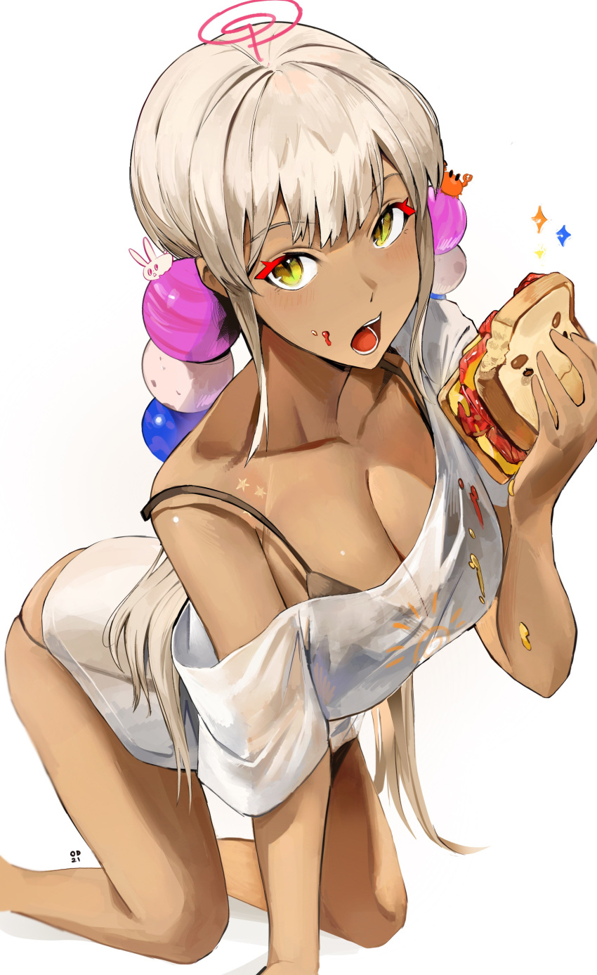 1girl absurdres all_fours animal_on_head black_bra black_panties blonde_hair bra breasts cleavage collarbone crab_on_head eating food food_on_clothes food_on_face foot_out_of_frame highres hololive hololive_english jelly large_breasts limiter_(tsukumo_sana) no_pants odyssey_21 on_head open_mouth panties peanut_butter planet_hair_ornament rabbit rabbit_on_head sandwiched shirt slit_pupils solo strap_slip thighs tsukumo_sana twintails underwear virtual_youtuber white_shirt yellow_eyes