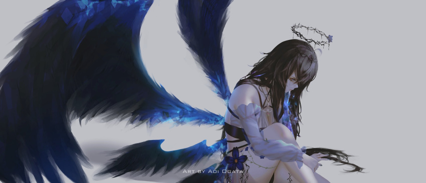 1girl aoi_ogata artist_name bare_shoulders black_hair black_wings blue_flower blue_wings breasts cleavage clip_studio_paint_(medium) closed_mouth commentary commission detached_sleeves english_commentary feathered_wings flower grey_background grey_eyes halo highres knee_up long_hair long_sleeves medium_breasts multiple_wings original puffy_long_sleeves puffy_sleeves see-through see-through_sleeves simple_background sitting solo thorns very_long_hair wings