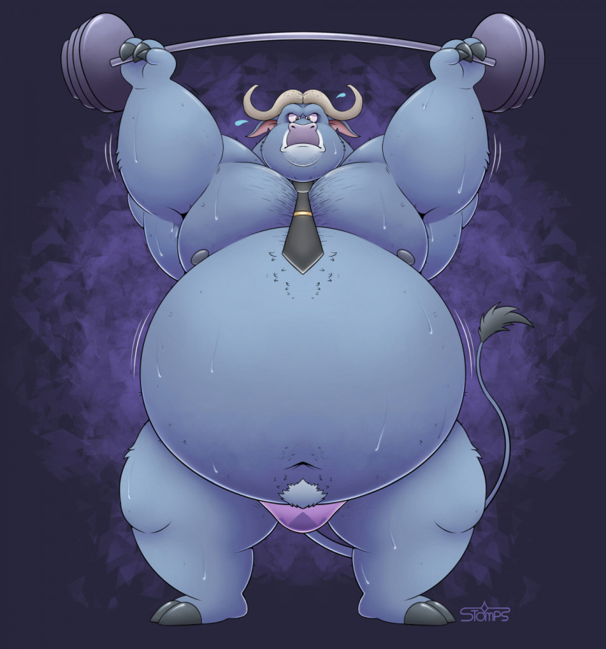 2022 2_toes 3_fingers anthro barbell belly belly_tuft big_belly bodily_fluids bovid bovine breasts cape_buffalo chief_bogo clothing disney exercise feet fingers front_view fur hi_res holding_object hooved_fingers hooves horn looking_at_viewer male mammal moobs mostly_nude musclegut muscular_arms navel necktie nipples obese obese_anthro obese_male overweight overweight_anthro overweight_male raised_arm raised_tail solo speedo spread_legs spreading standing stern stern_look stompsthecroc sweat sweatdrop sweaty_arms sweaty_belly sweaty_breasts sweaty_face sweaty_legs sweaty_thighs swimwear thick_arms thick_thighs tie_clip toes tuft weightlifting wide_eyed workout zootopia