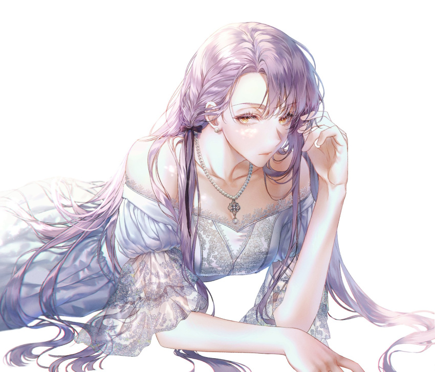 1girl bare_shoulders braid chain collarbone dress ea_ateu gown highres jewelry necklace off-shoulder_dress off_shoulder original pearl_necklace purple_hair solo victorian white_background yellow_eyes