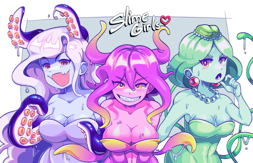 3girls absurdres bare_shoulders blonde_hair blush breasts cleavage collarbone earrings fang gradient_hair green_hair grin highres jewelry large_breasts long_hair looking_at_viewer marina_(omori) medusa_(omori) molly_(omori) monster_girl multicolored_hair multiple_girls necklace omori open_mouth parted_lips pink_hair red_eyes remi_(mozzaremi) short_hair skin_fang slime_girl smile teeth tentacle_hair tentacles white_hair yellow_eyes