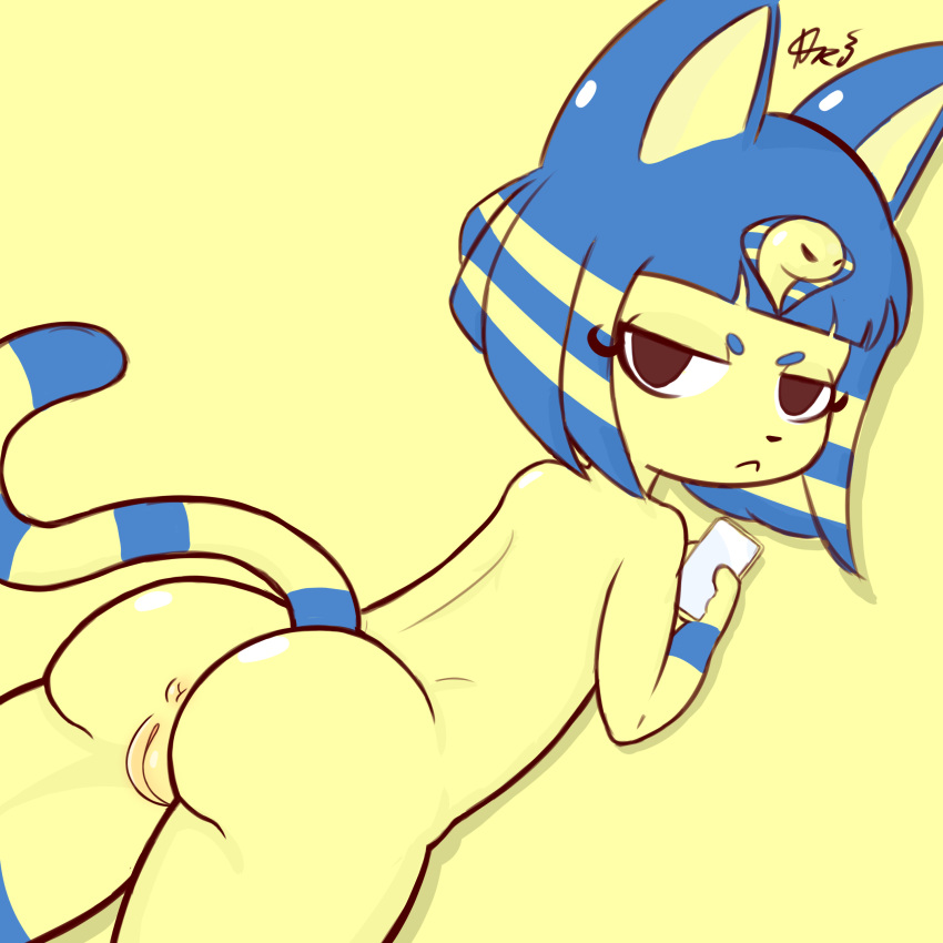 absurd_res animal_crossing animal_humanoid ankha_(animal_crossing) anthro anus arustuff blue_hair butt digital_media_(artwork) domestic_cat felid feline felis female fur genitals hair hi_res humanoid looking_at_viewer looking_back mammal nintendo nude pussy simple_background solo vaginal video_games yellow_body