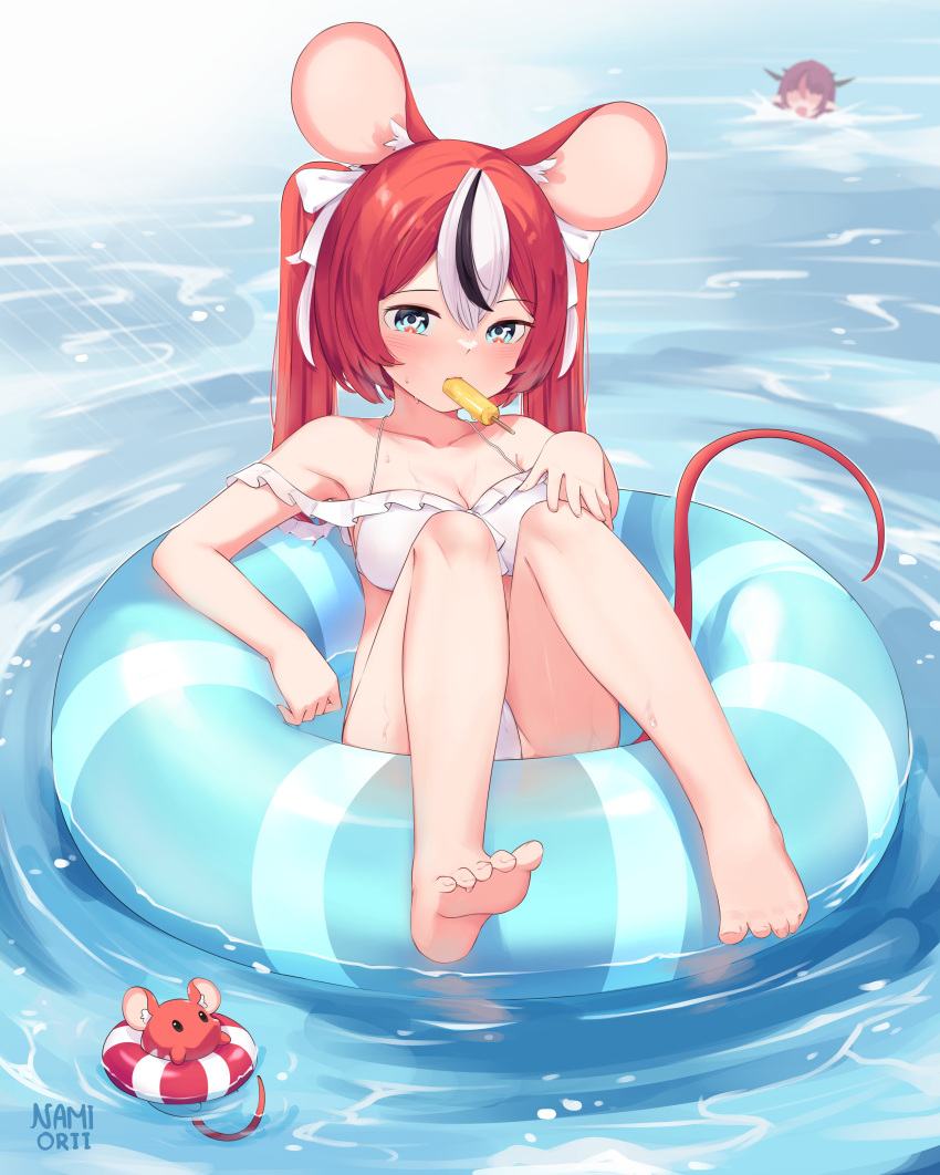 2girls absurdres animal_ears asphyxiation bikini black_hair blue_eyes breasts cleavage drowning food frilled_bikini frills hair_ornament hakos_baelz highres hololive hololive_english irys_(hololive) long_hair looking_at_viewer medium_breasts mouse_ears mouse_girl mouse_tail mr._squeaks_(hakos_baelz) multicolored_hair multiple_girls namiorii ocean popsicle red_hair streaked_hair swimsuit tail twintails virtual_youtuber white_hair